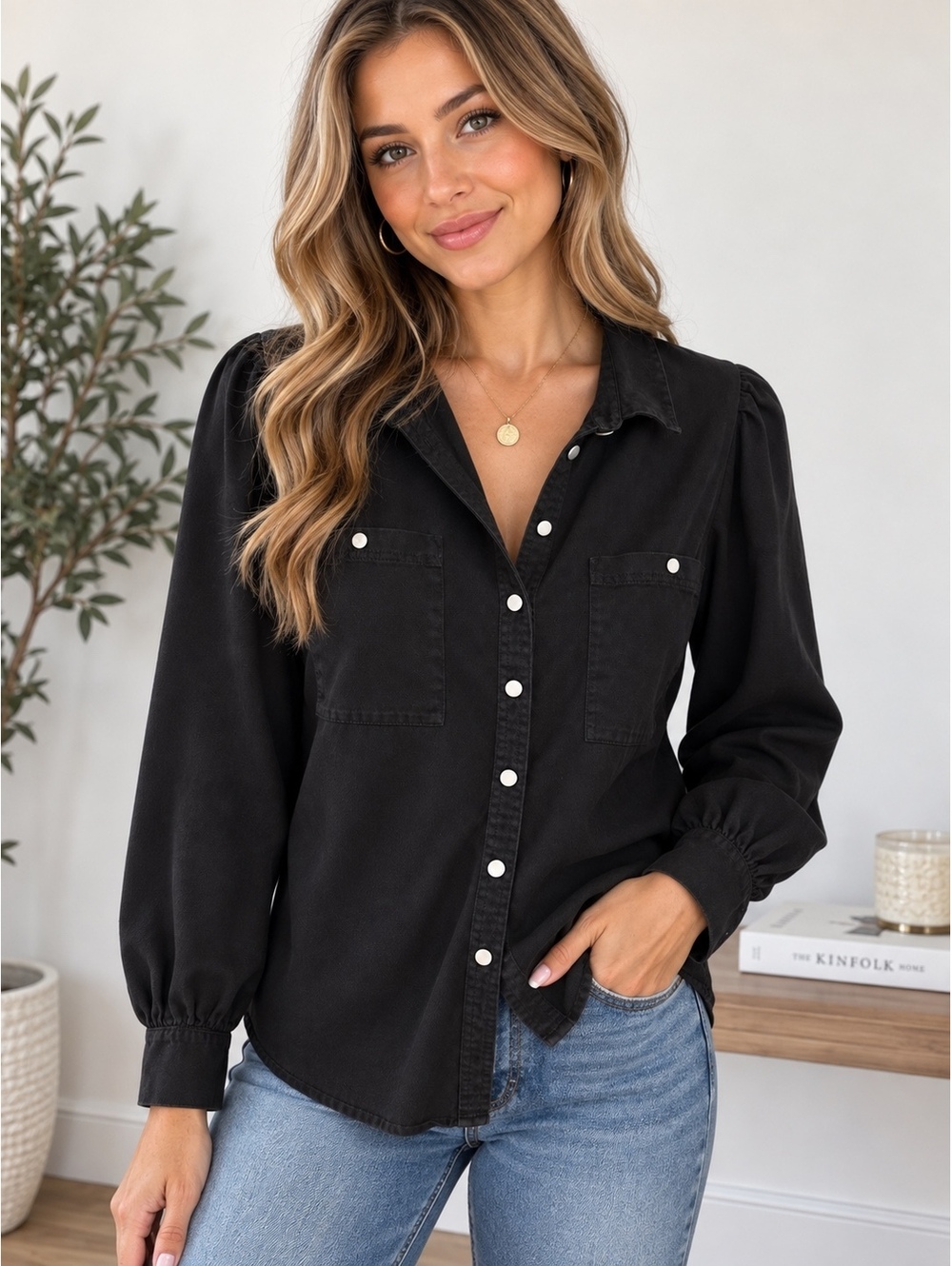 Topshop Womens Black Button Down Shirt Puff Sleeve Snap Pockets Size 8